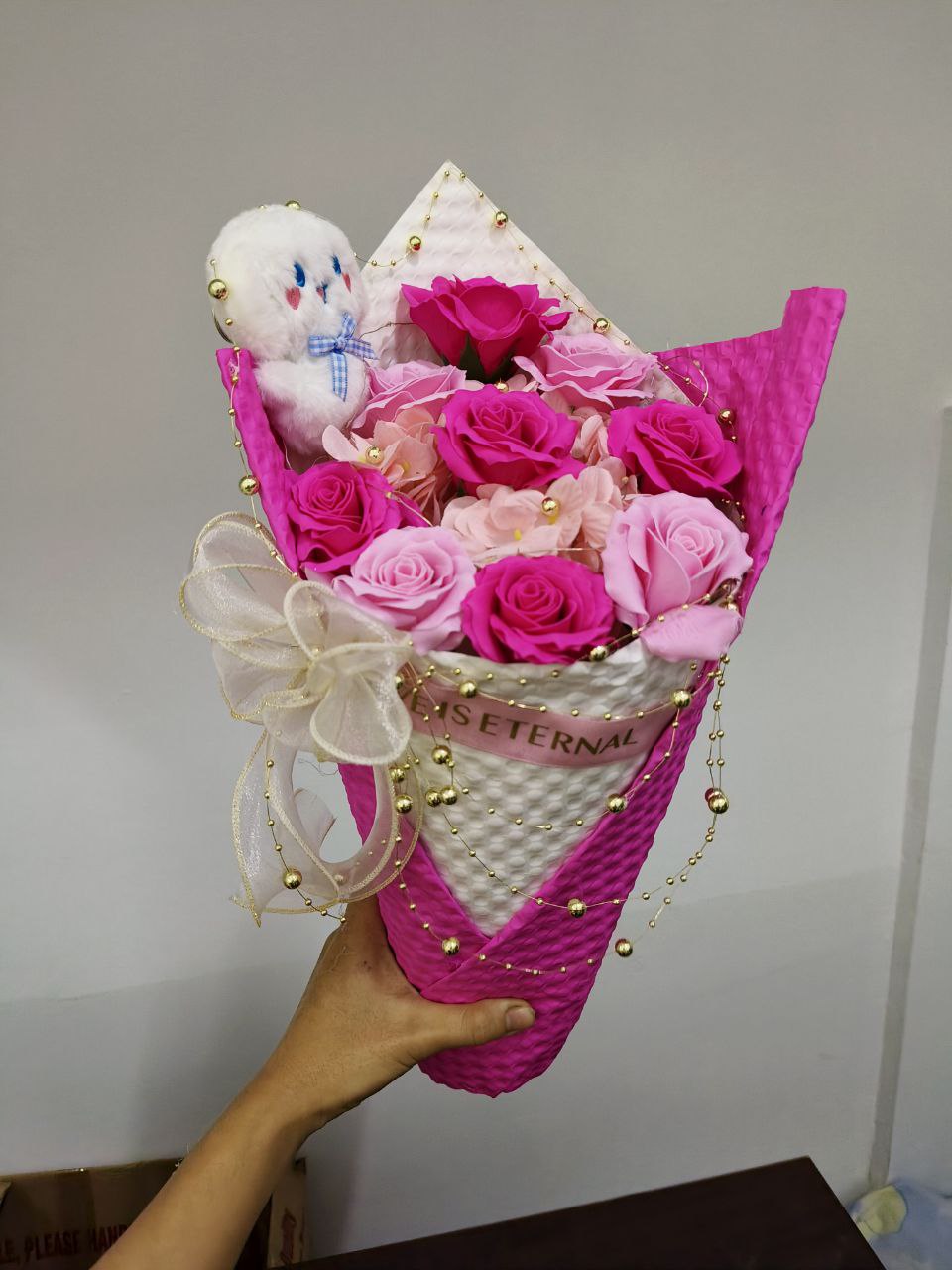 Sweet Pink Rose Bouquet with Teddy Bear