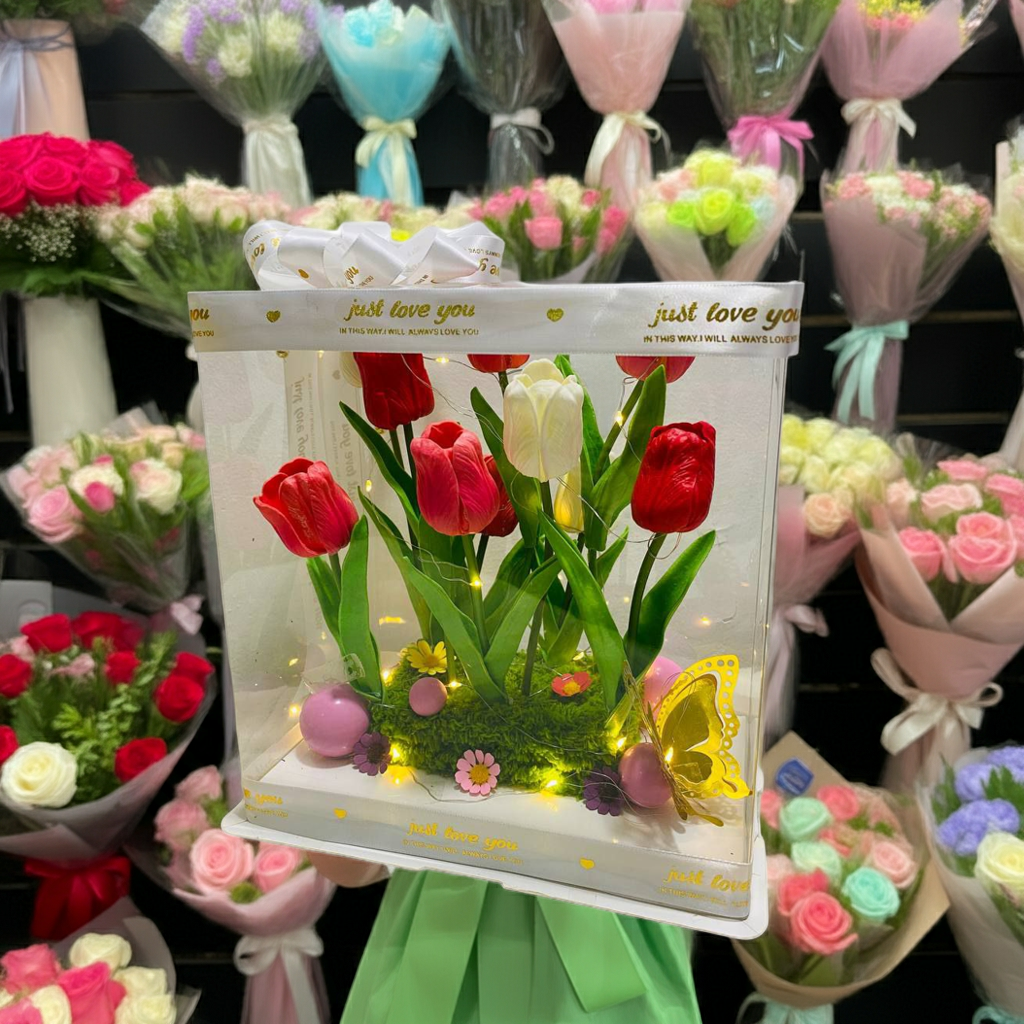 Boxed Red Tulip Arrangement with LED Lights