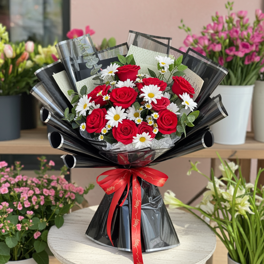 Black & Red Elegant Rose Bouquet