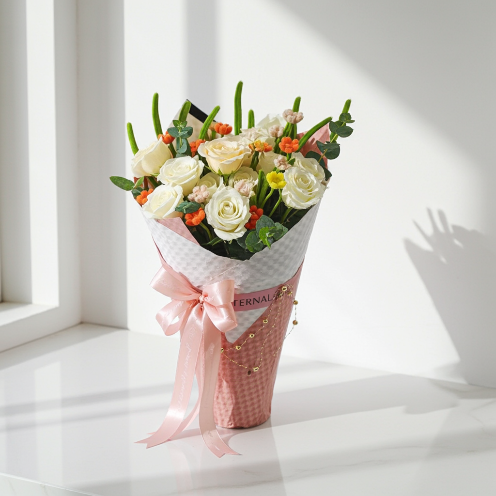 Elegant White & Peach Rose Bouquet