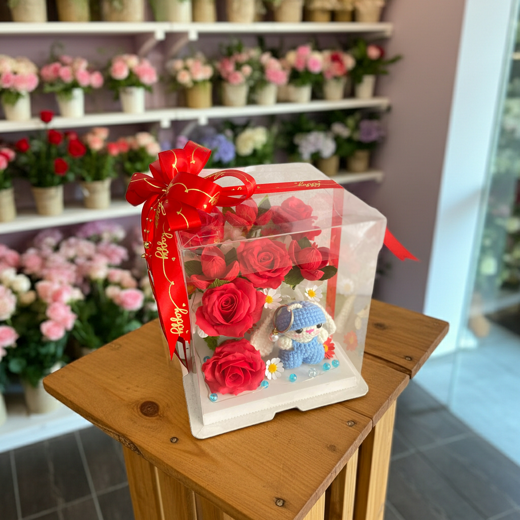 Romantic Red Rose Gift Box with Crochet Doll – Valentine’s Display Box