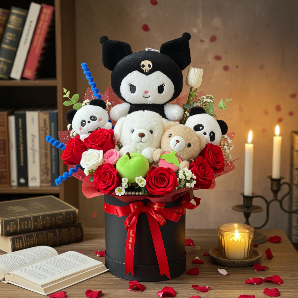 Midnight Love Kuromi Plush & Rose Bouquet – Red Passion Edition