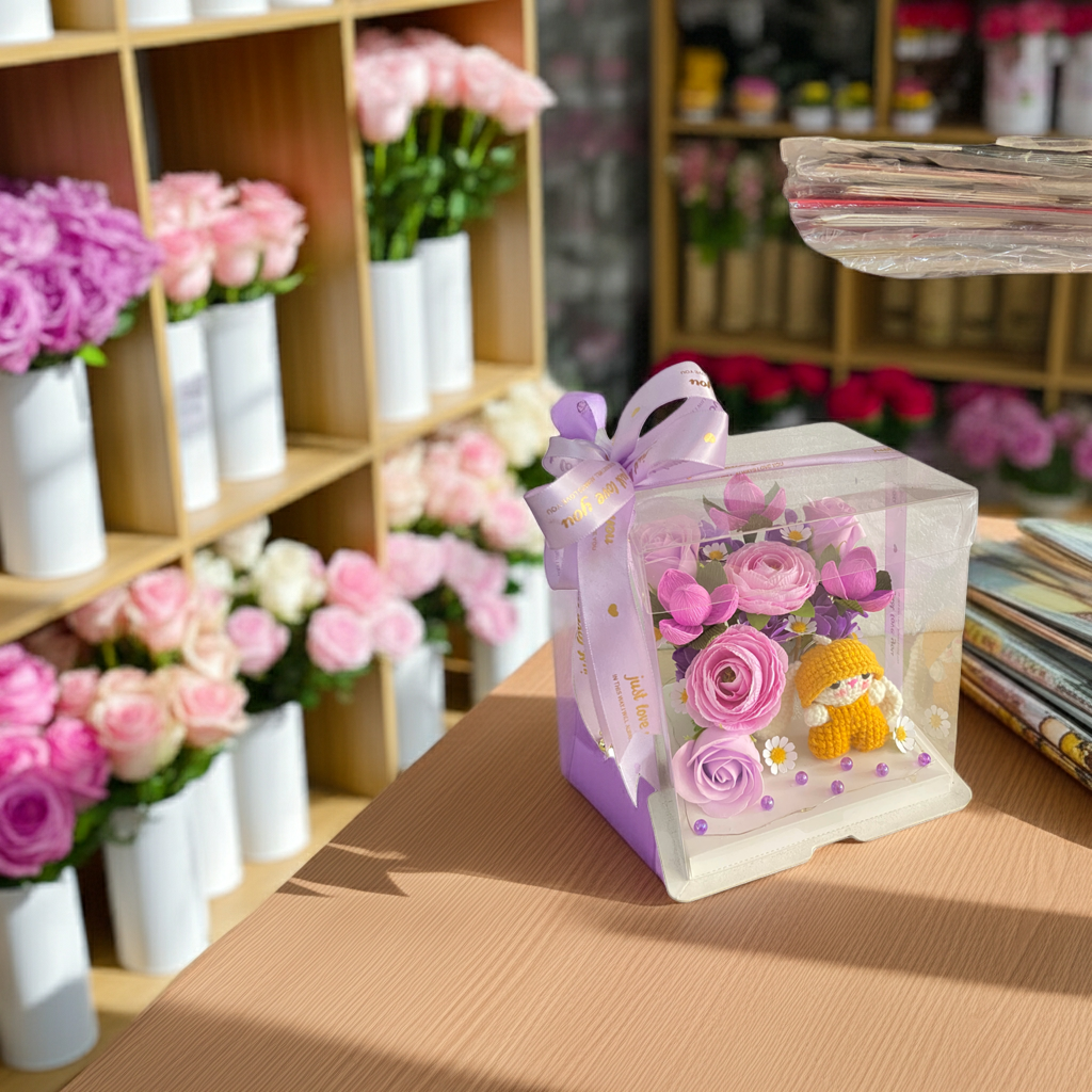 Purple Rose Flower Box with Knitted Bear & Ribbon Gift – Display Cube