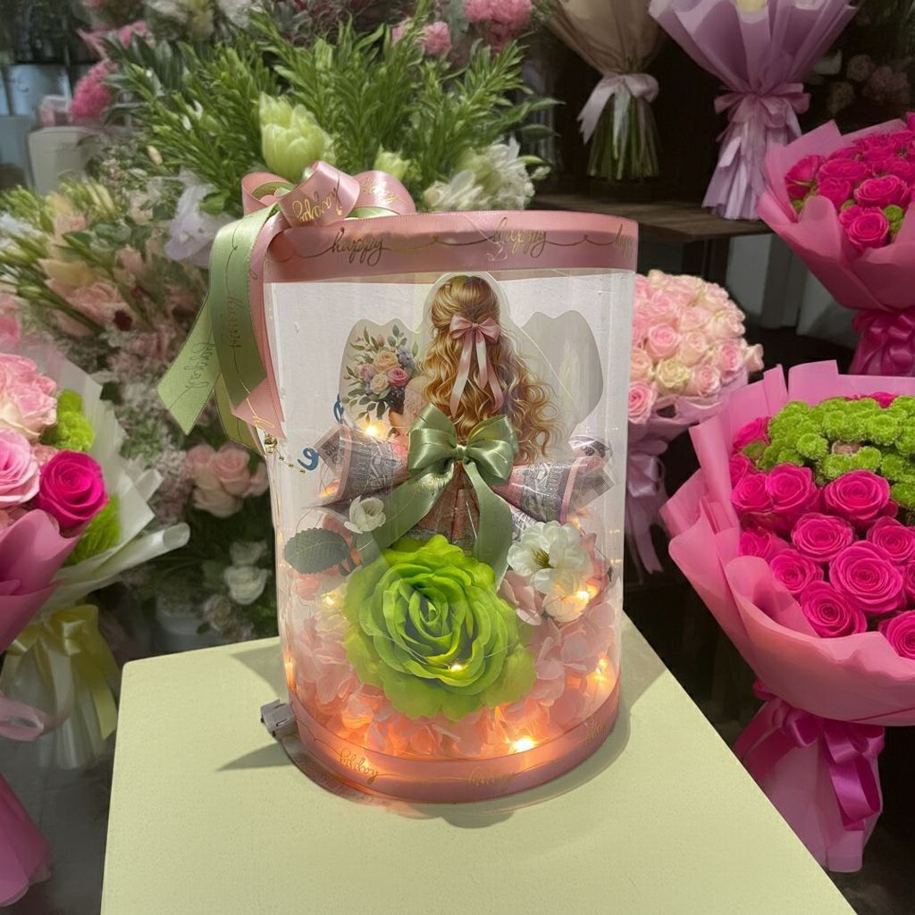 Pink Gift Box Bouquet with Cartoon Card + LED