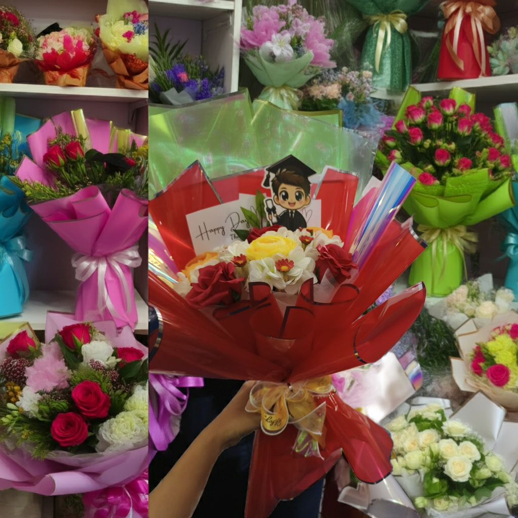 Graduation Bouquet with Red Roses + Red Wrap