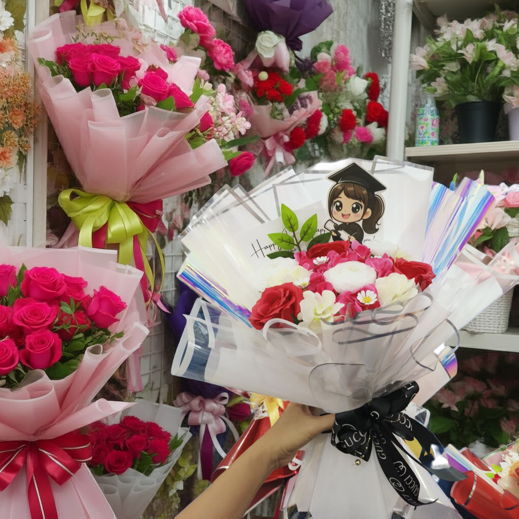 Graduation Bouquet with Red & White Roses + Black Ribbon