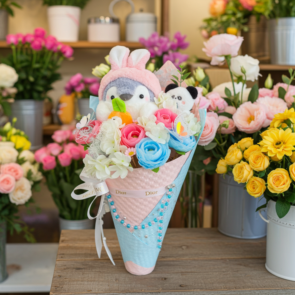 Sweet Penguin & Panda Pastel Bouquet – Baby Blue Edition