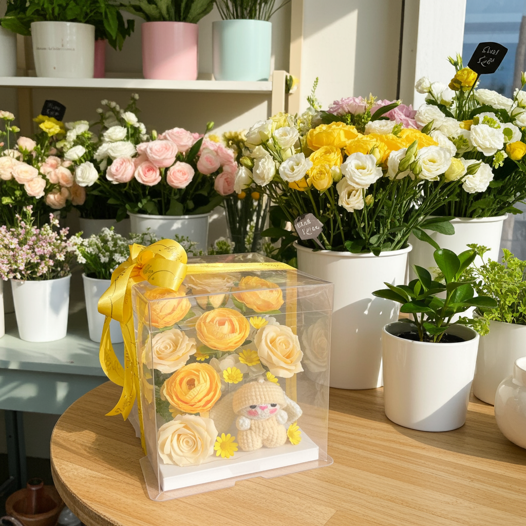 Sunny Yellow Flower Box with Crochet Doll – Gift Display Cube