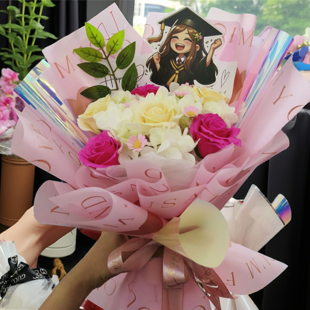 Graduation Bouquet with White & Pink Roses + Cartoon Card