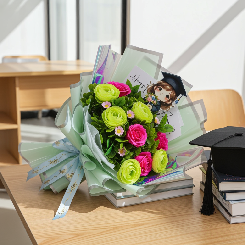 Graduation Bouquet with Pink & Green Roses + Green Wrap