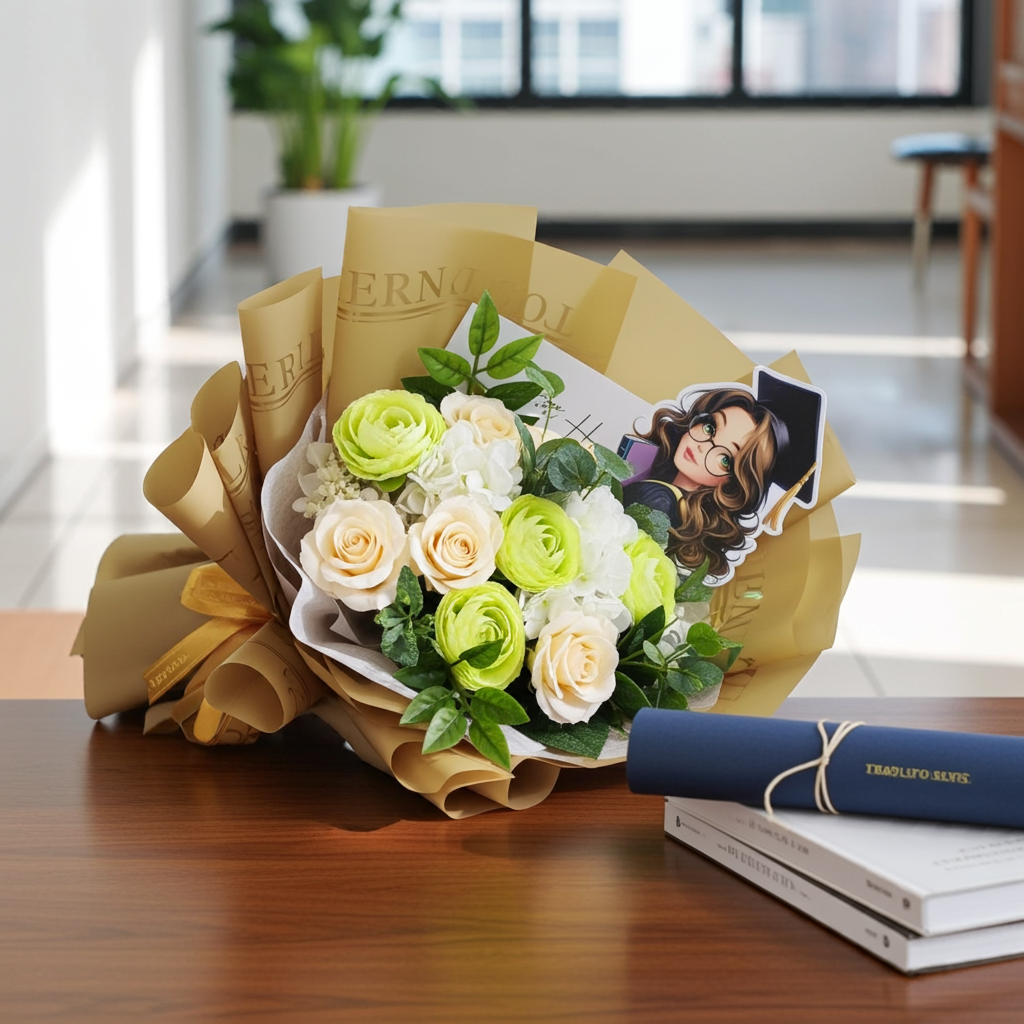 Graduation Bouquet with White & Green Roses + Gold Wrap