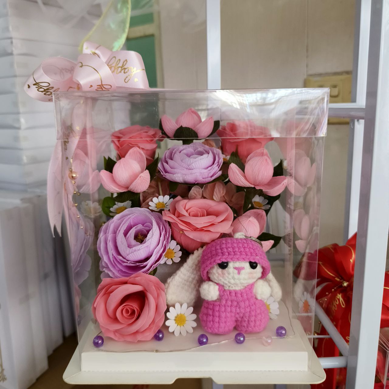 Sweet Pink Rose Gift Box with Teddy Doll