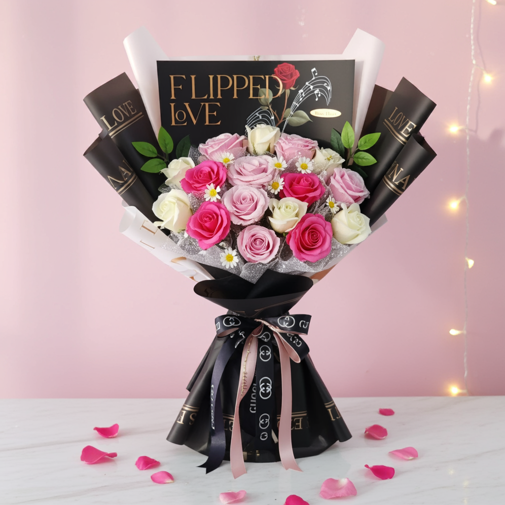 Luxury Mixed Rose Bouquet (Pink & White with Black Wrap)