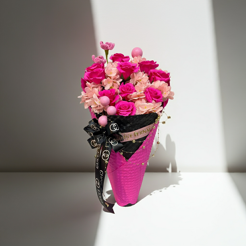 Romantic Pink Blossom Bouquet with Black Ribbon