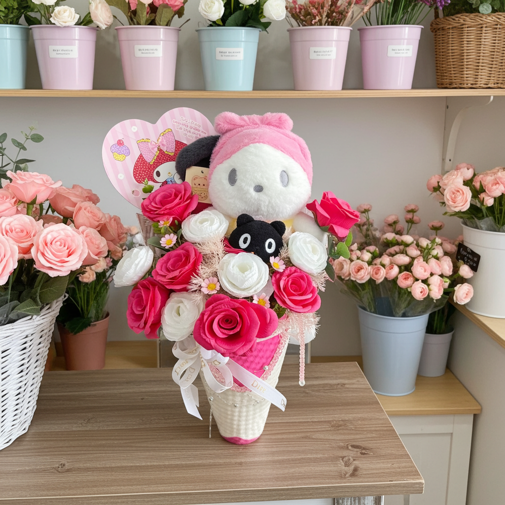 My Melody Rose Bouquet – Pink & White Plush Floral Gift