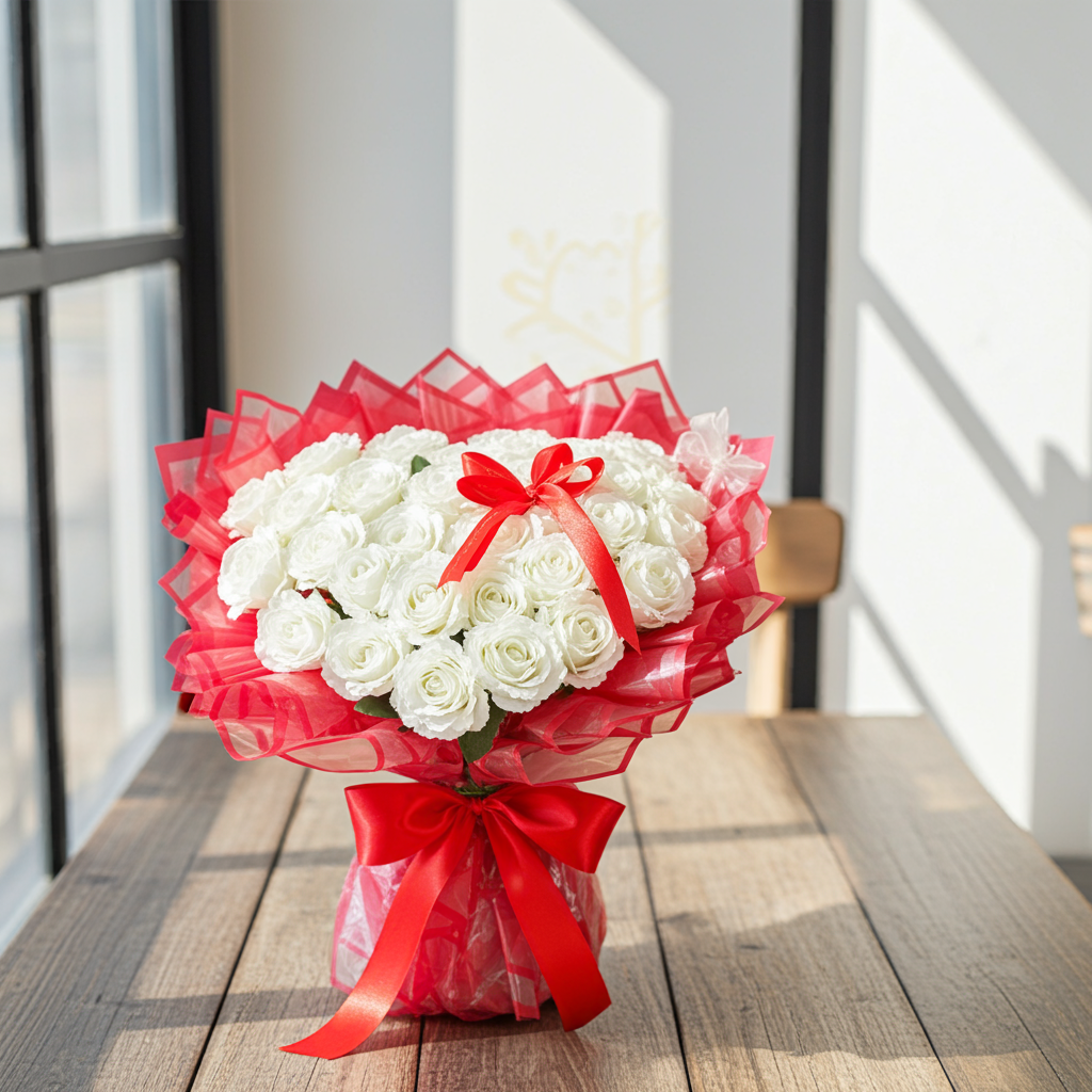 Heart Full of White Roses – Classic Red Wrap