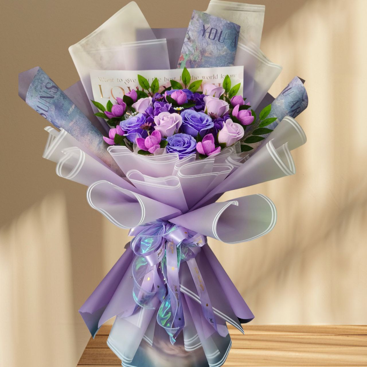 Purple Rose Bouquet with Ribbon