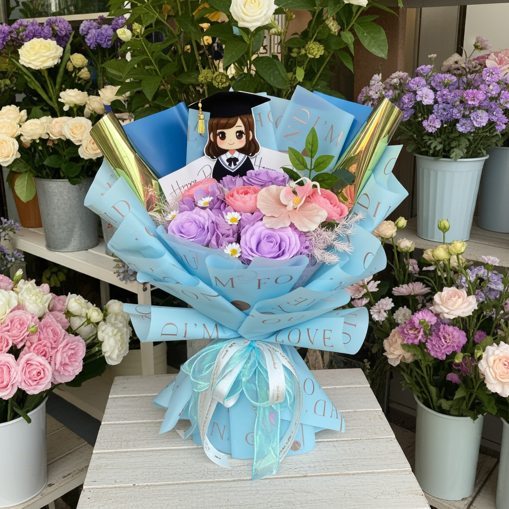 Graduation plush doll with pastel rose bouquet in blue wrap