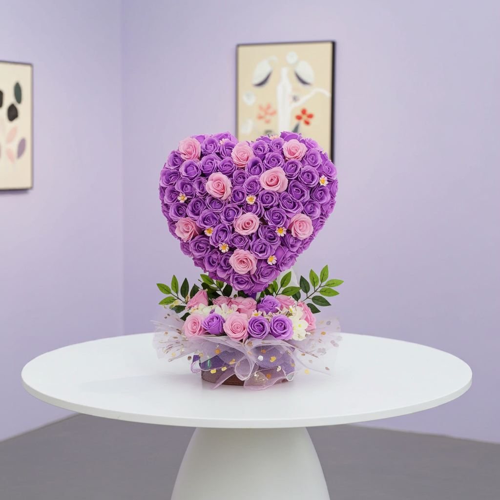 Heart-Shaped Bouquet (Purple & Pink Roses)