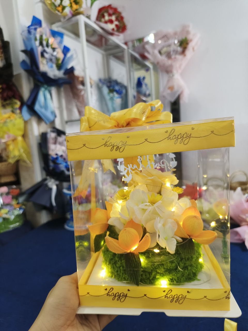 Aromatic Flower Box with Cotton-Stuffed Teddy Bear and Decorative Light — Fresh & Beautiful