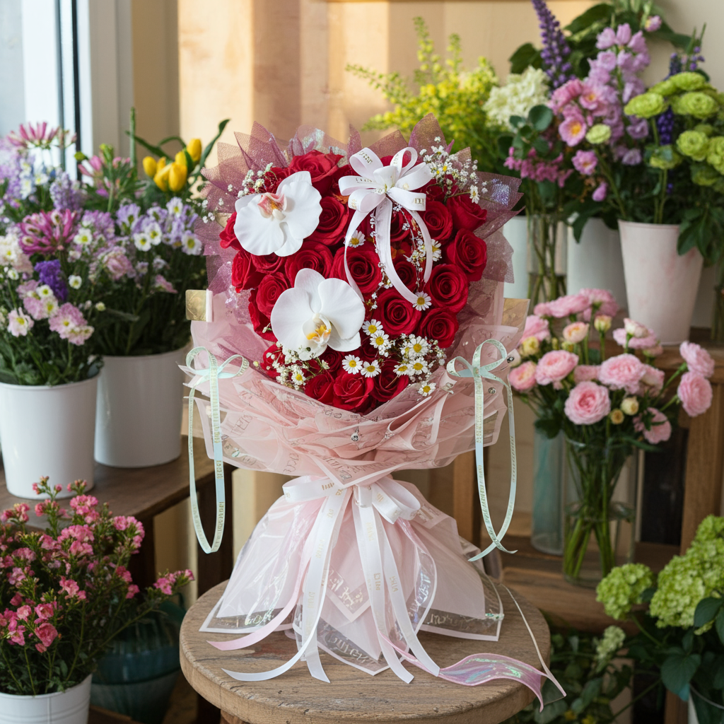 Orchid Heart of Roses Bouquet