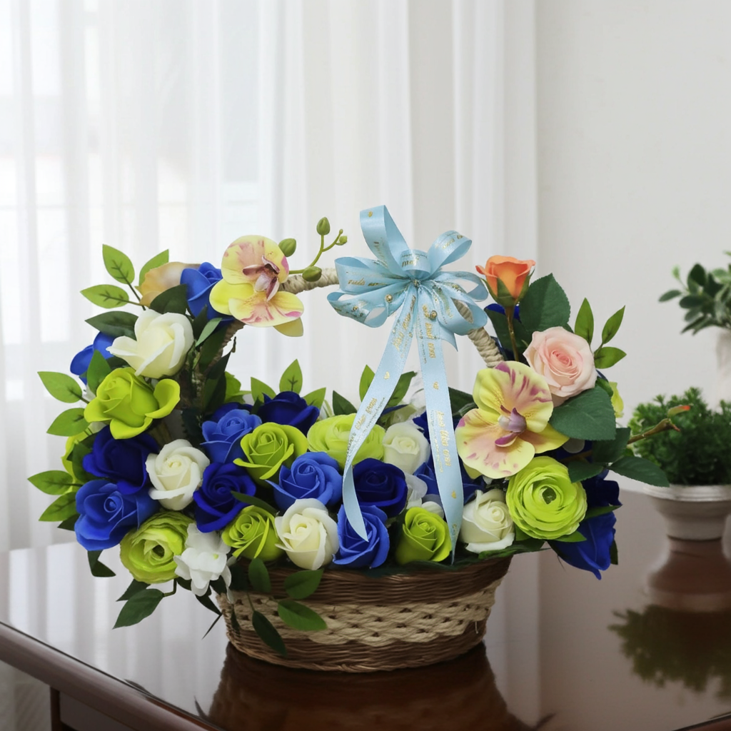 Elegant Flower Basket (Blue, Yellow & Peach)