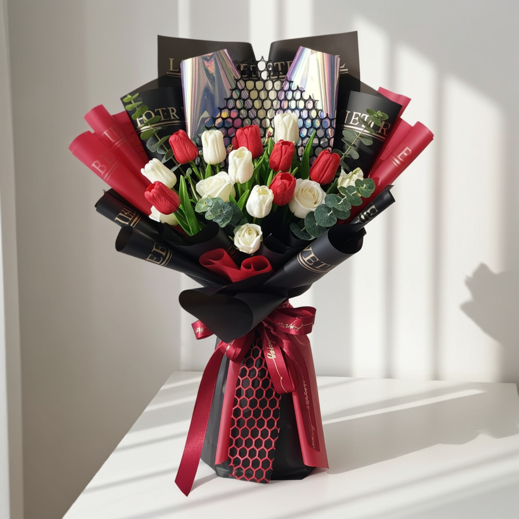 Luxury Red & White Rose Bouquet (Black Wrap)