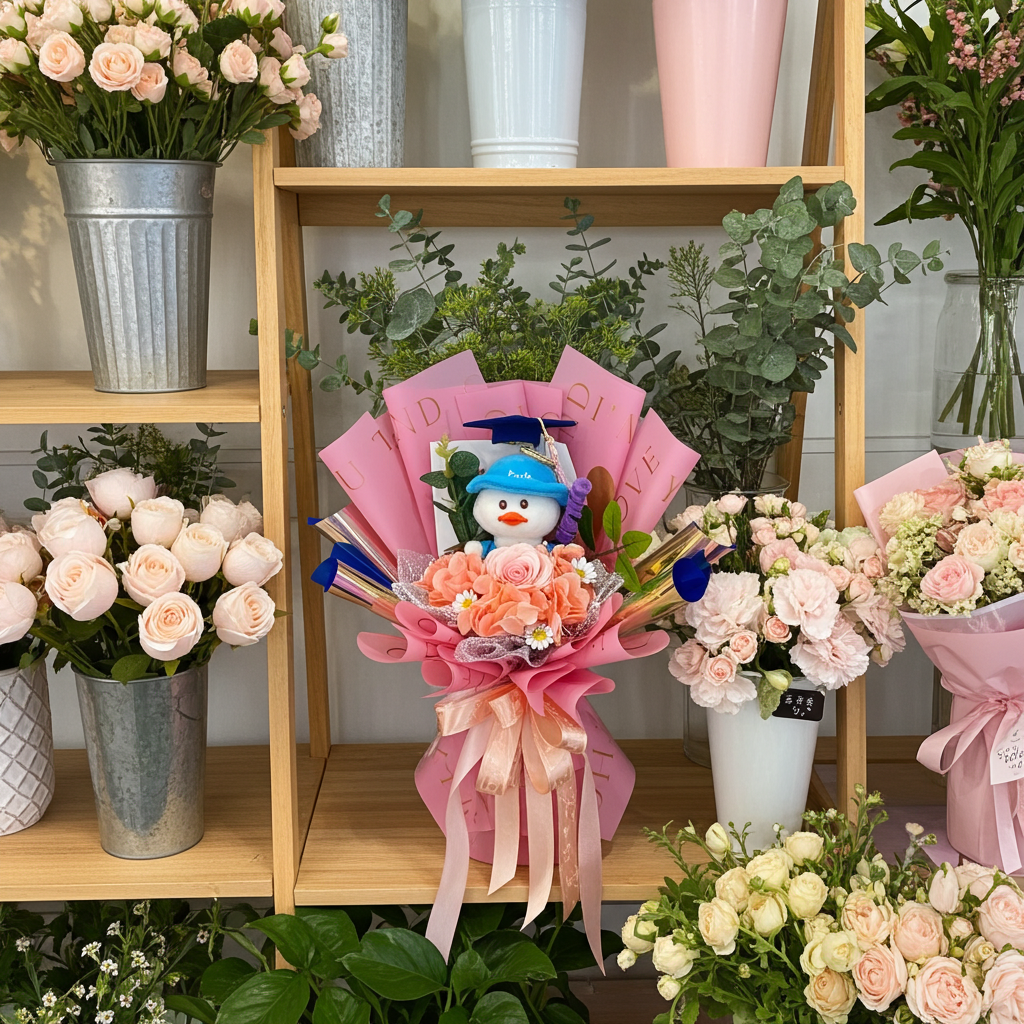 Graduation Teddy & Rose Bouquet – Pink Floral Wrap