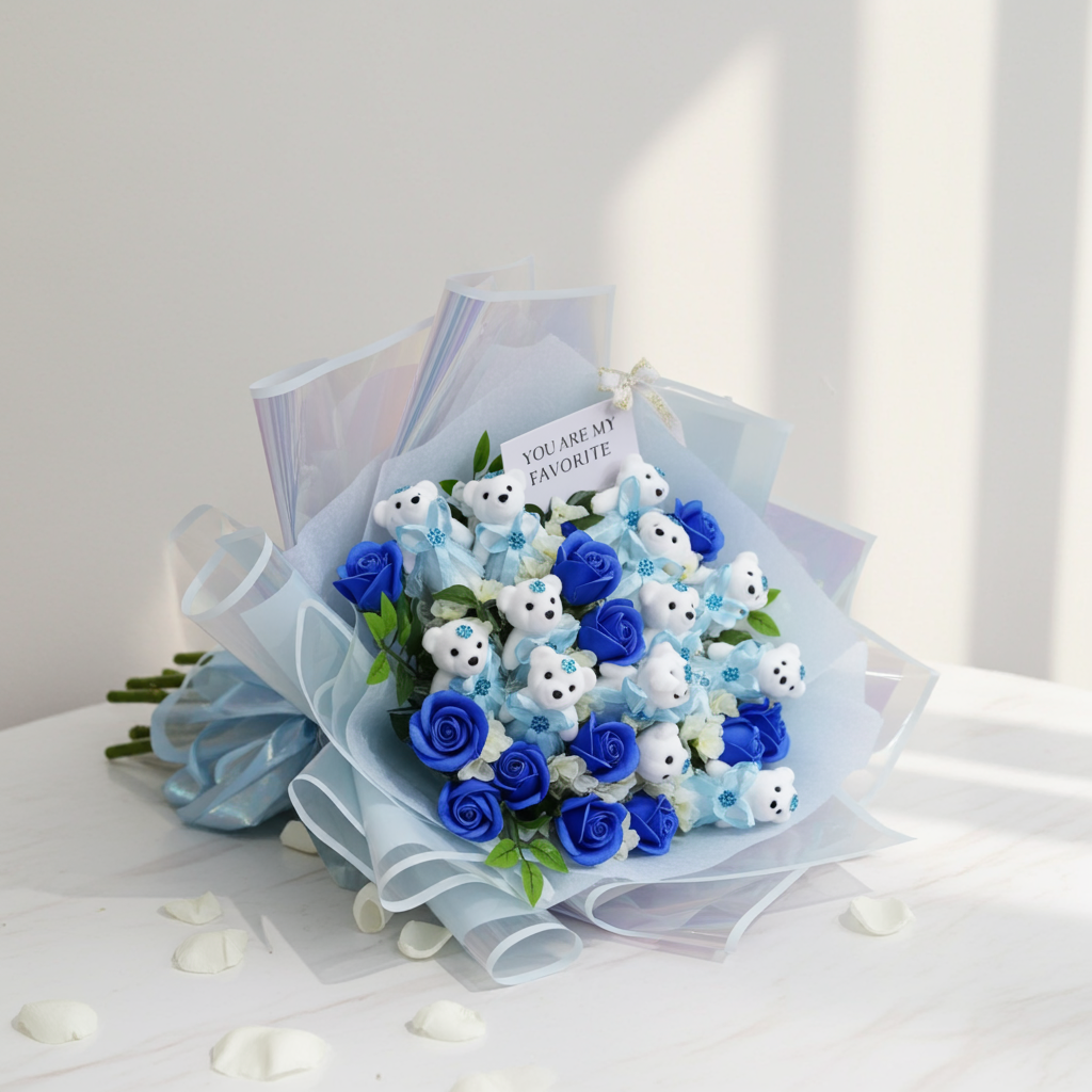 Blue Rose Bouquet with Teddy Bears