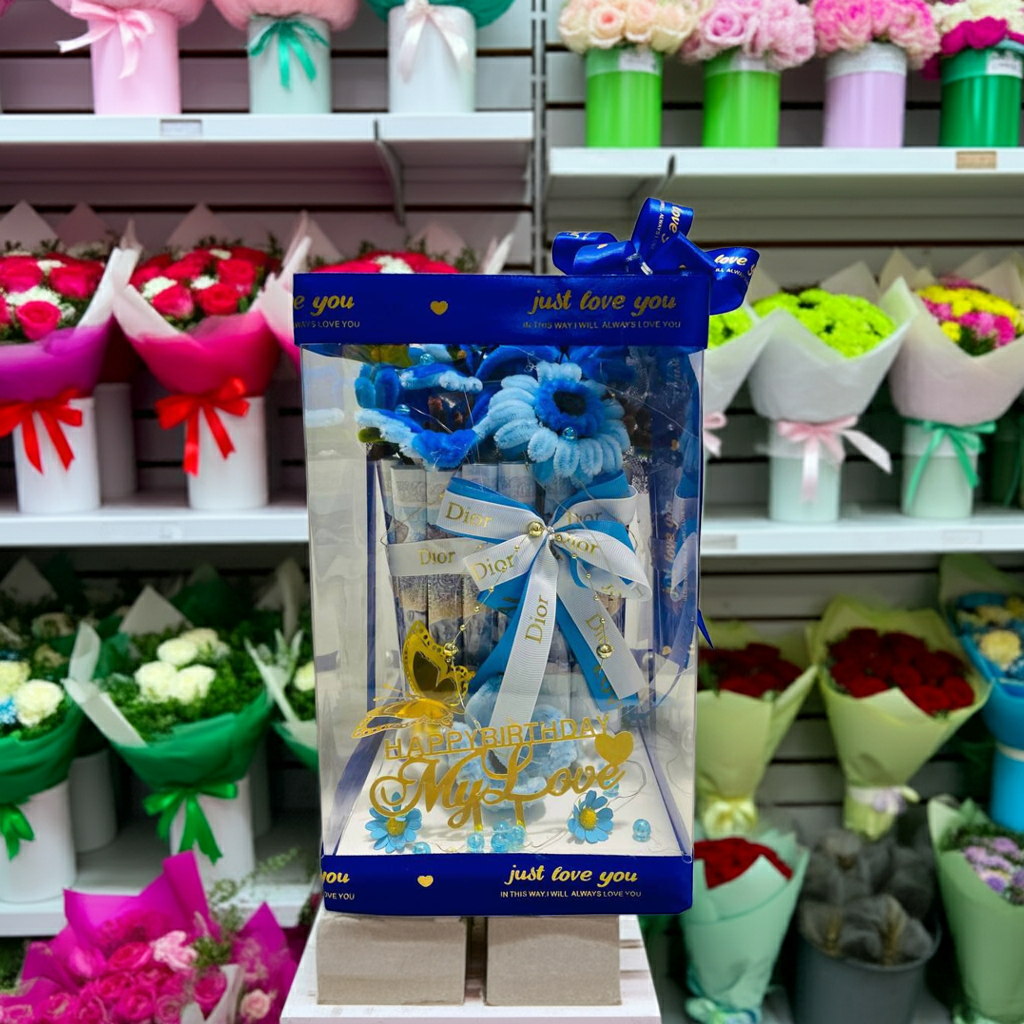 Blue Gift Box Bouquet with Teddy & Ribbon