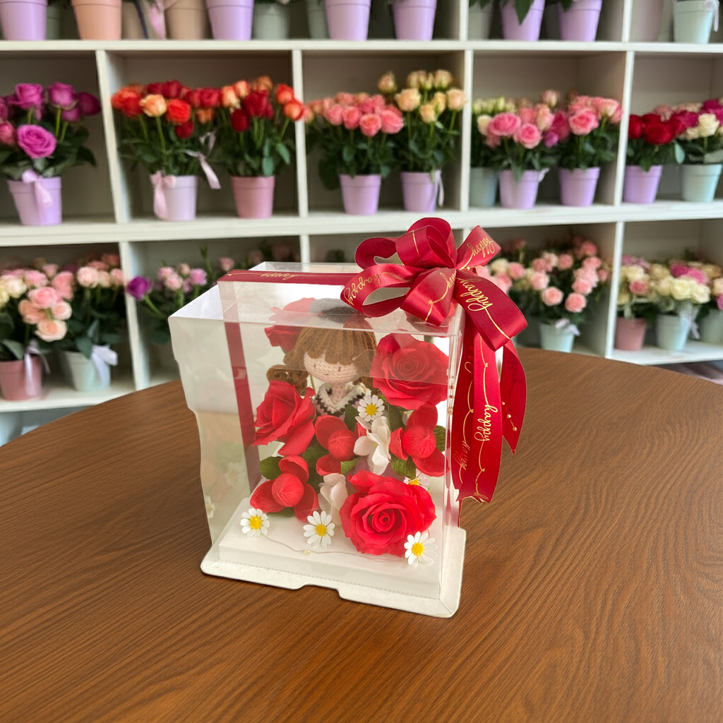 Handmade Girl Doll Gift Box with Red Roses – Love & Friendship Display