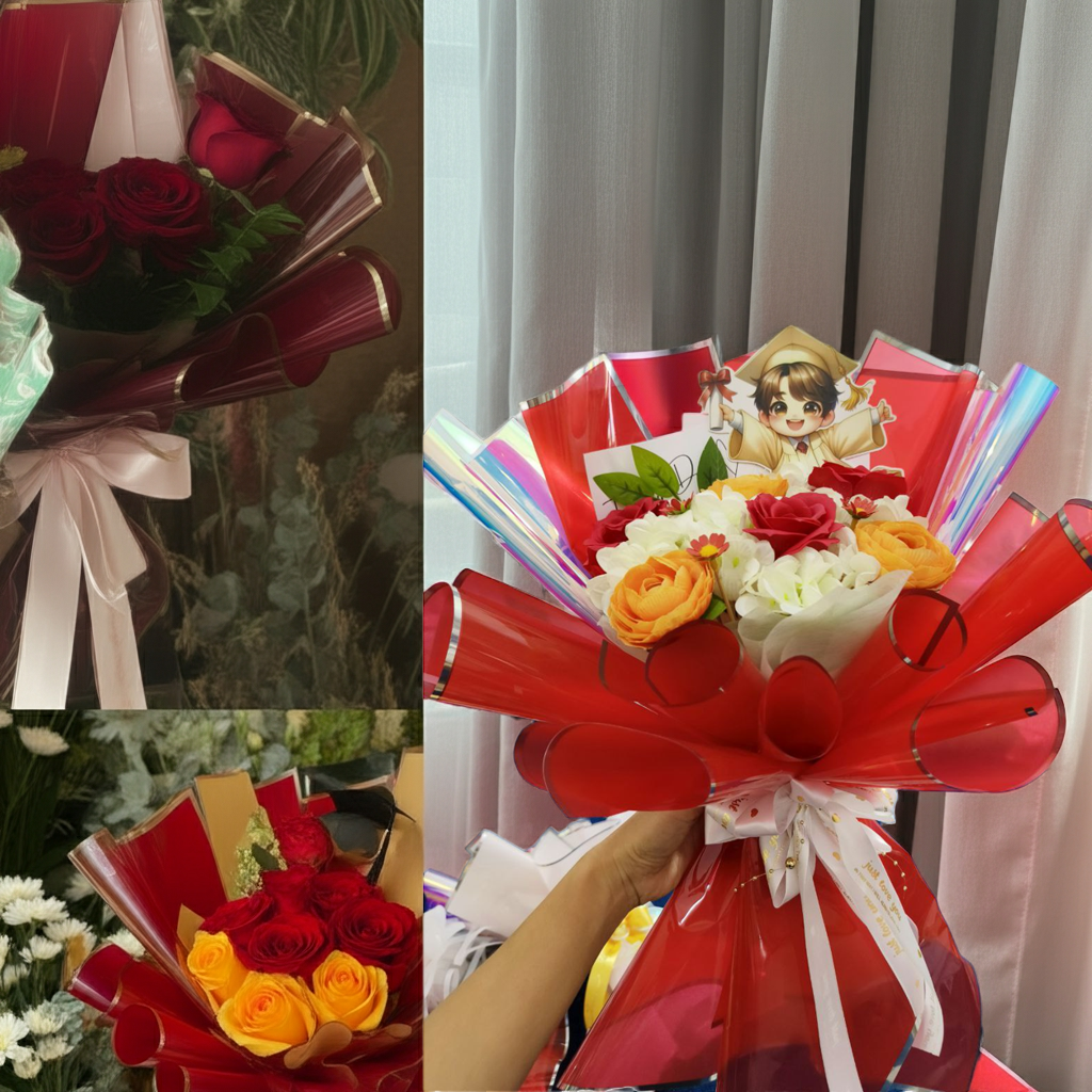 Graduation Bouquet with Red & Yellow Roses + Red Wrap