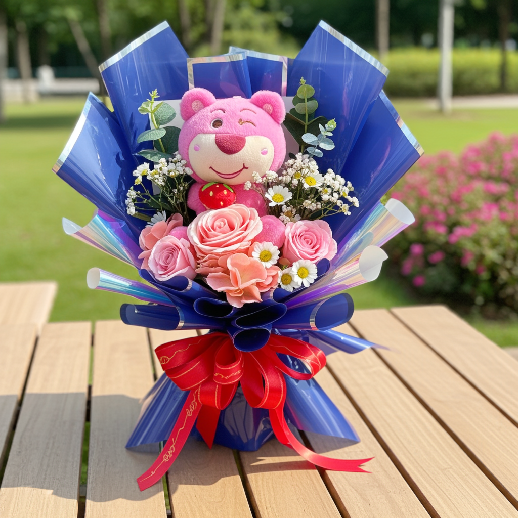 Blue Gift Bouquet with Pink Bear Plush & Peach Roses – Cute Flower Gift for Any Occasion